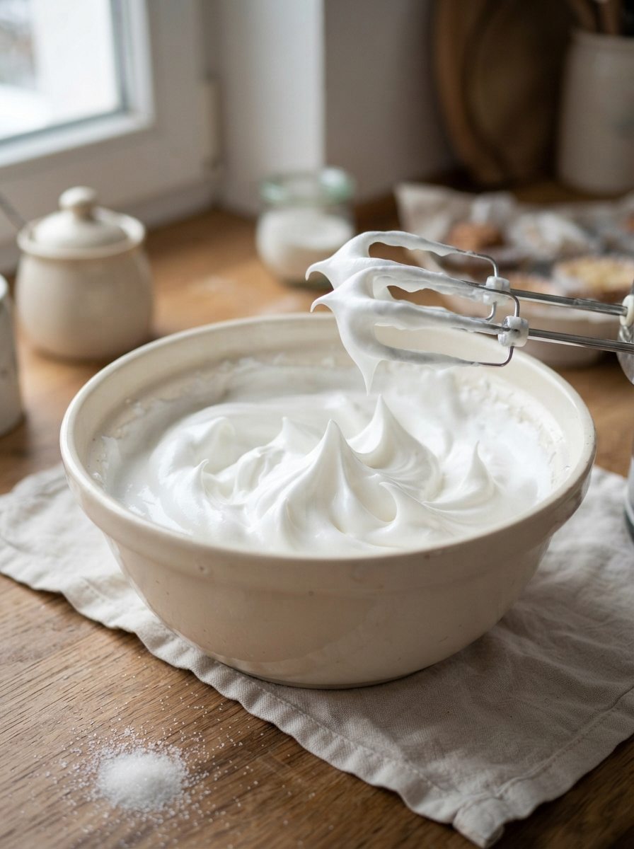 Steif geschlagener glänzender Eischnee für saftige Kokosmakronen
