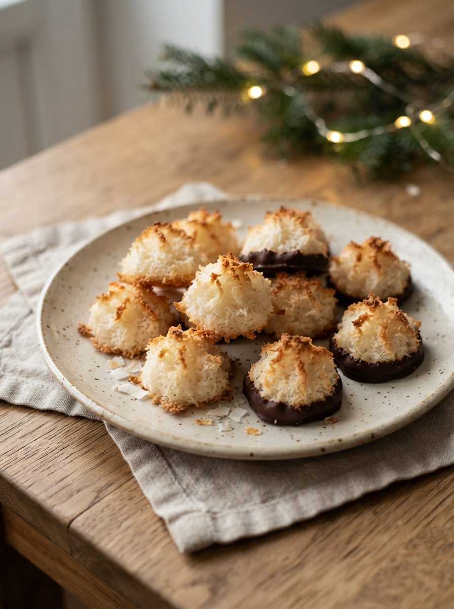 Saftige Kokosmakronen auf einem Weihnachtsteller mit leichter Schokoladenverzierung