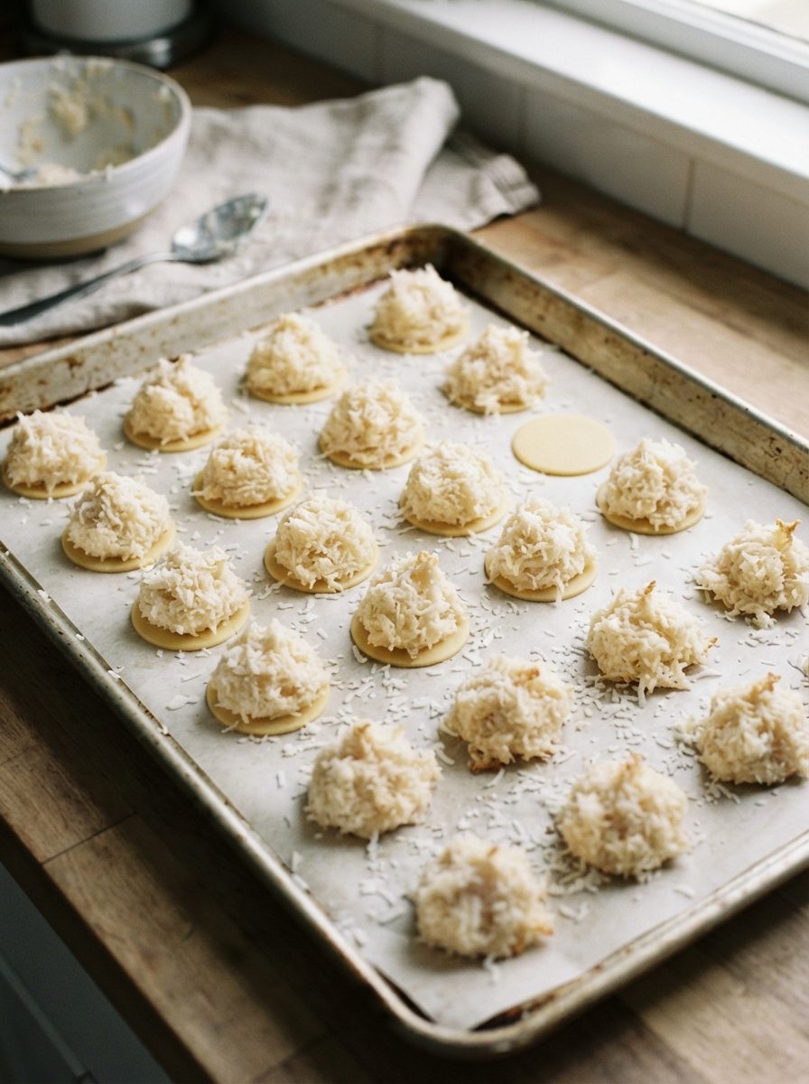 Geformte Kokosmakronen auf dem Backblech vor dem Backen