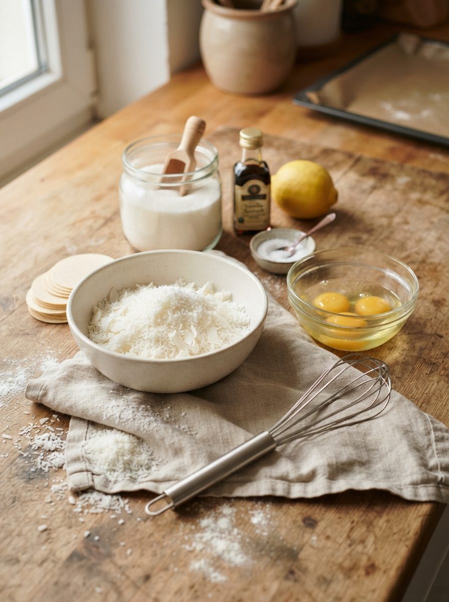 Zutaten für einfache Kokosmakronen mit Eiweiß, Zucker und Kokosraspeln
