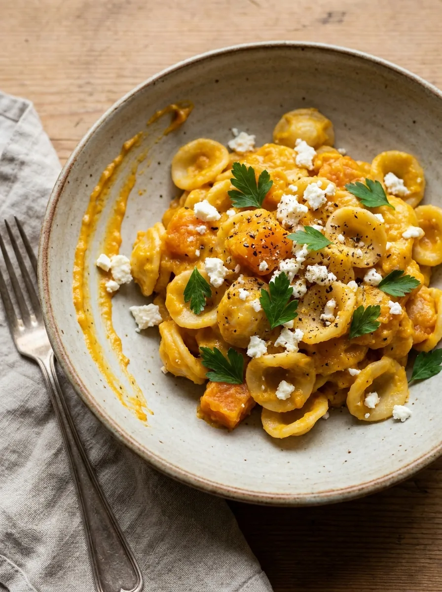 KI-generiertes Bild von Kürbis-Feta-Pasta mit Petersilie in einer Keramikschale