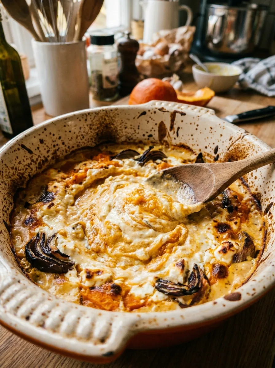 KI-generiertes Bild einer rustikalen Sauce aus geröstetem Kürbis und Feta