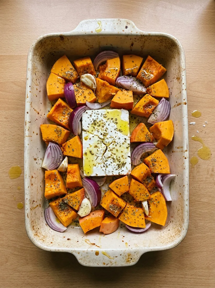 KI-generiertes Bild von Kürbisstücken und Feta in einer Auflaufform vor dem Backen