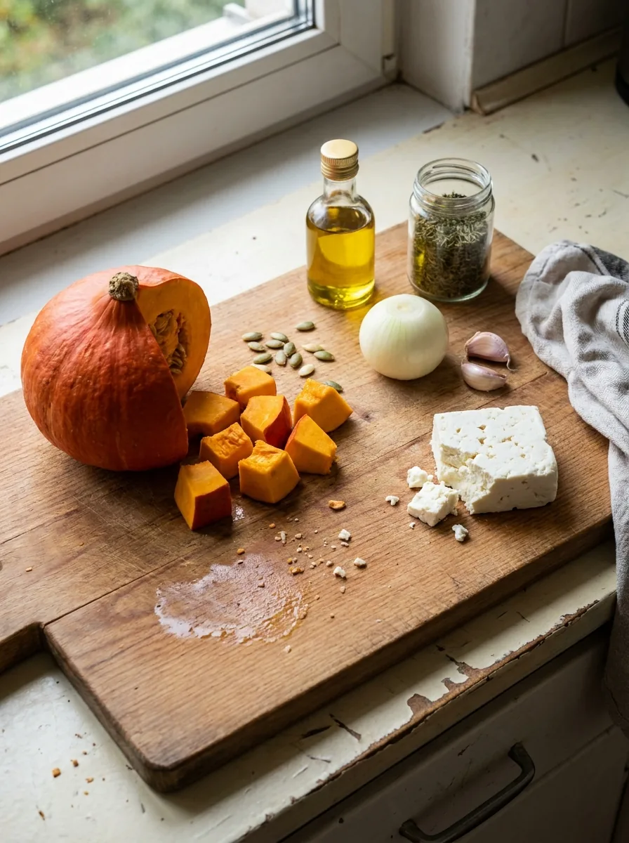 KI-generiertes Bild von Hokkaido-Kürbis, Feta, Zwiebel und Knoblauch