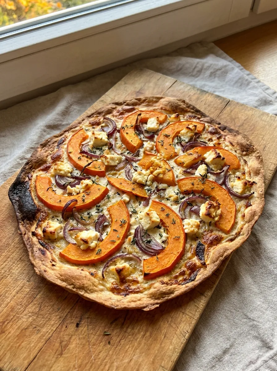 Illustrativer Kürbis-Flammkuchen mit Hokkaido, Feta, roten Zwiebeln und Thymian