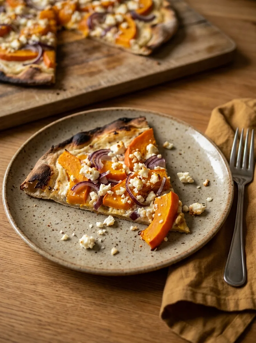Illustratives Stück Kürbis-Flammkuchen mit dünnem Boden und Feta
