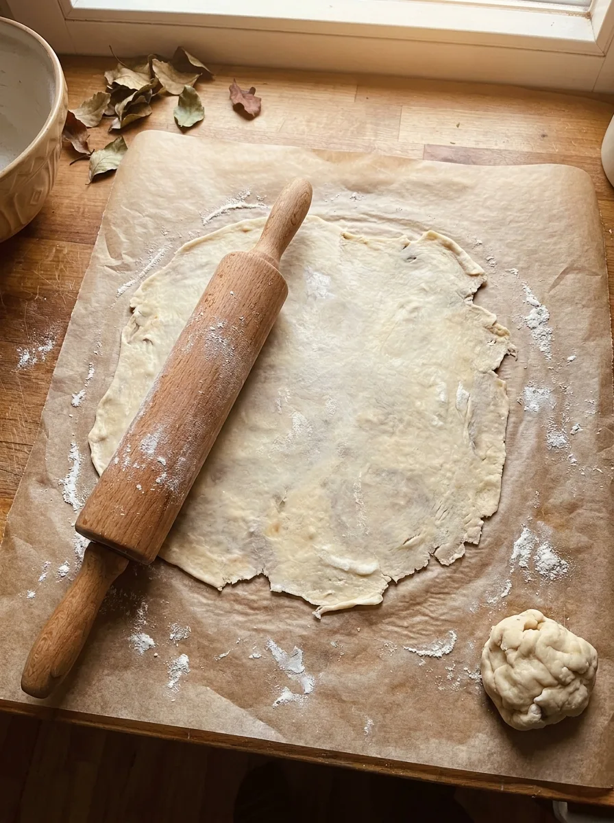 Illustrativer dünn ausgerollter Flammkuchenteig auf Backpapier