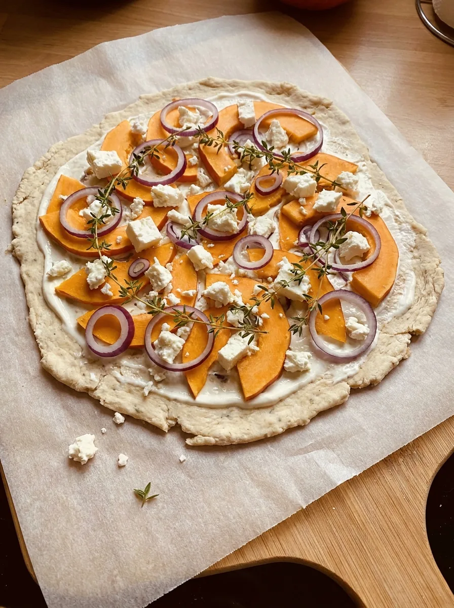 Illustrativer roher Kürbis-Flammkuchen mit Feta und roten Zwiebeln