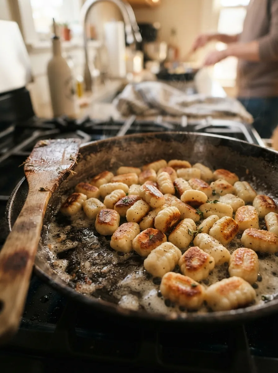 Illustrative goldbraun angebratene Gnocchi in einer Pfanne