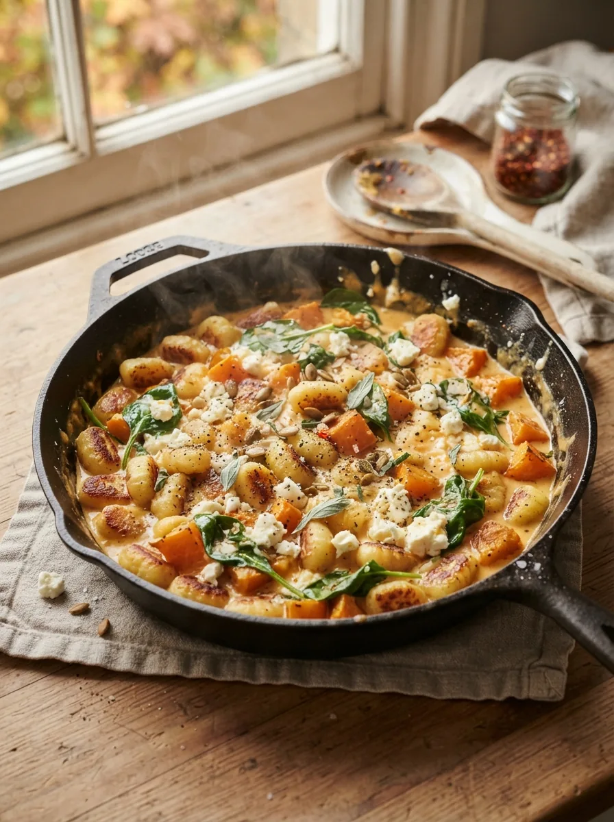 Illustrative Kürbis-Gnocchi-Pfanne mit Spinat und Feta