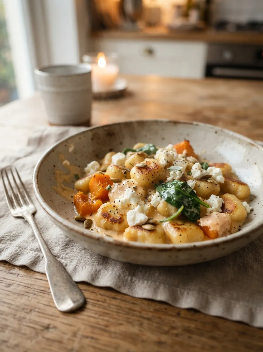 Illustrative Portion Kürbis-Gnocchi mit Spinat und Feta