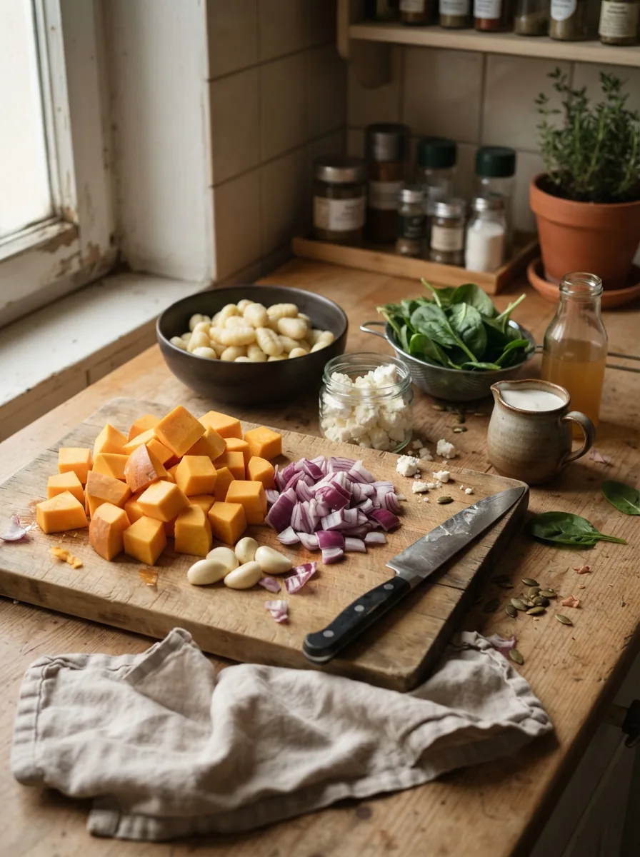 Illustrative Zutaten für Kürbis-Gnocchi mit Spinat und Feta