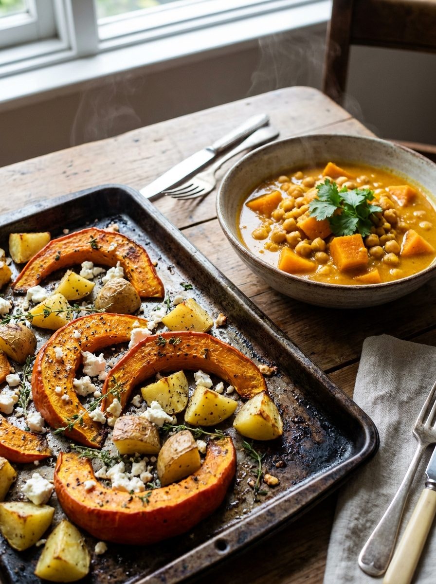 Kürbis-Kartoffel-Blech mit Feta und cremiges Kürbis-Curry mit Kichererbsen