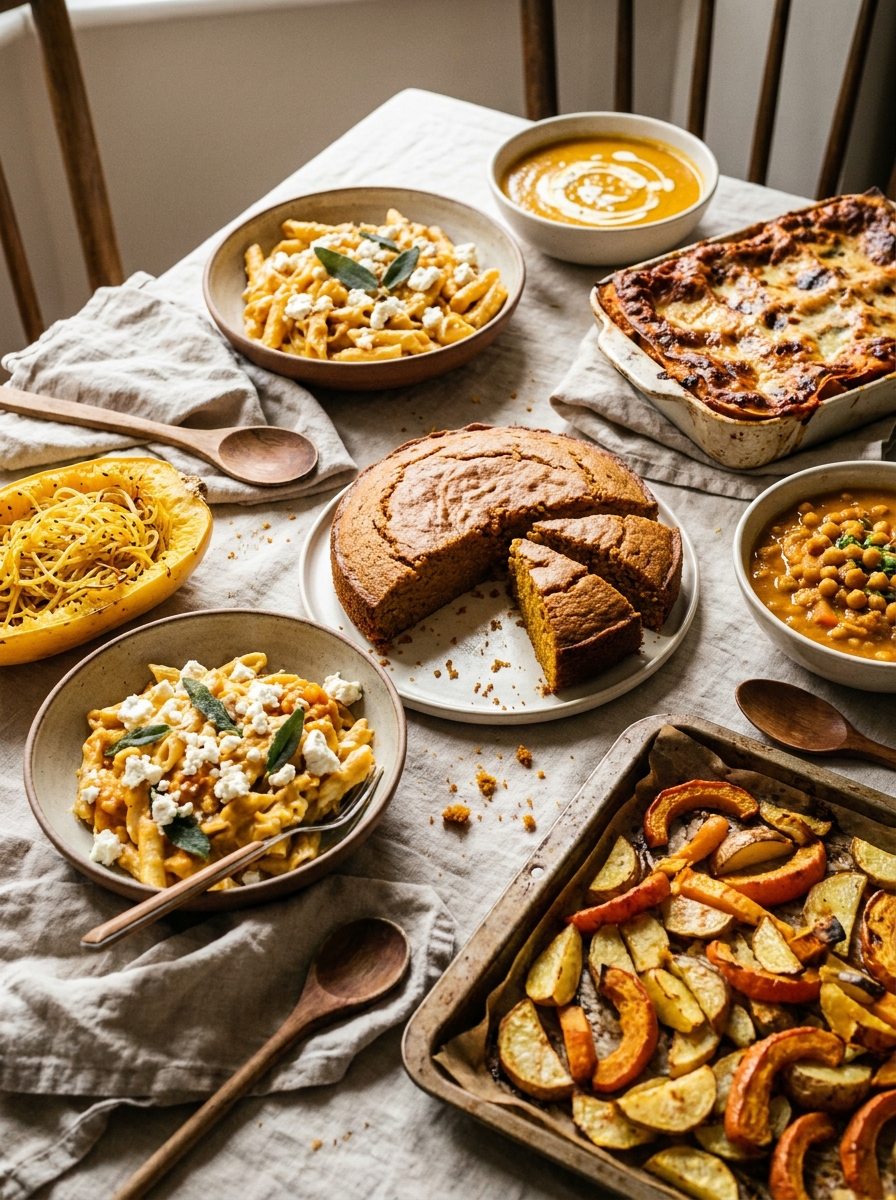 Verschiedene einfache Kürbis-Rezepte mit Pasta, Suppe, Ofenkürbis, Curry und Kuchen