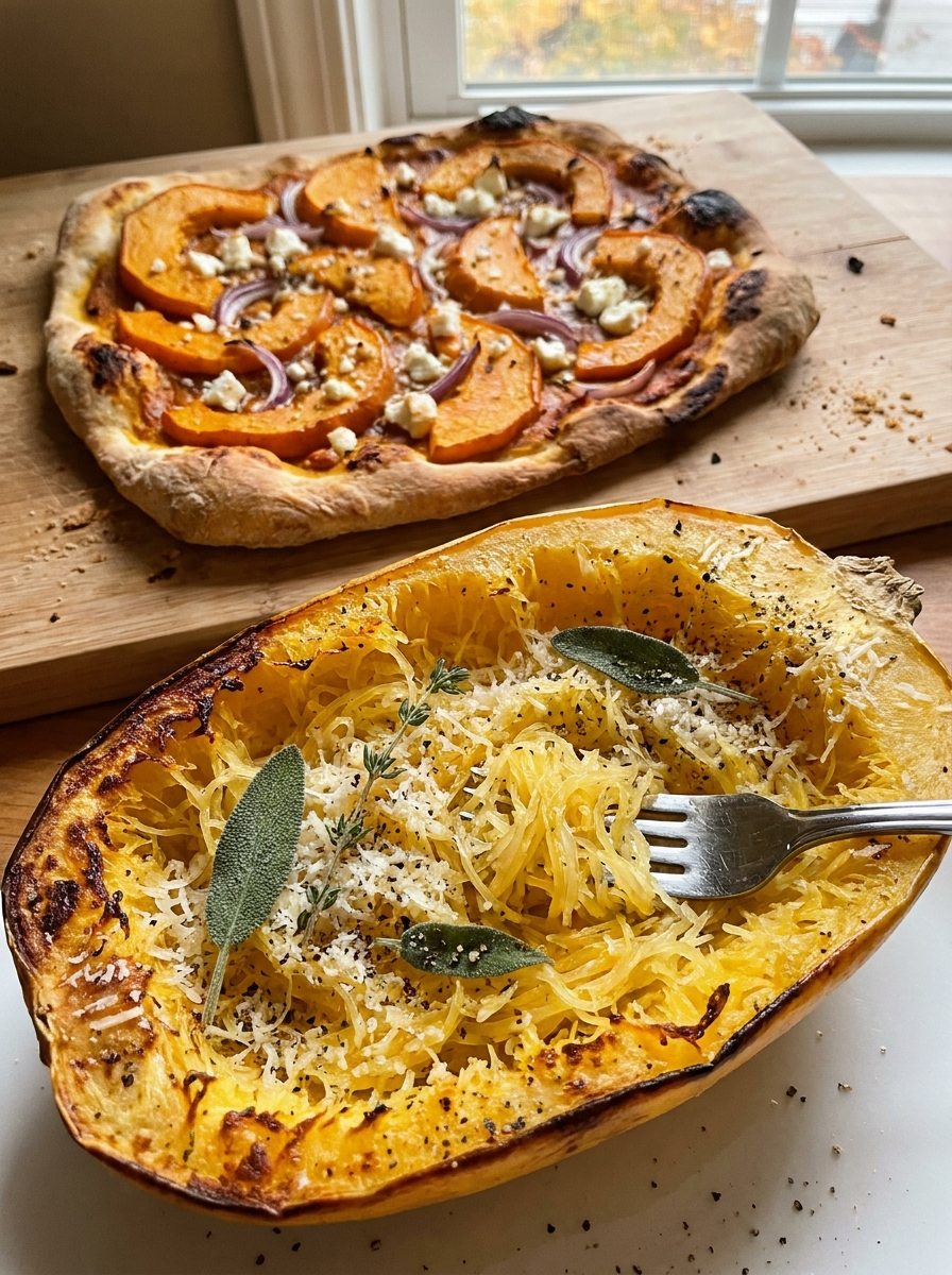 Spaghettikürbis aus dem Ofen und herbstlicher Kürbis-Flammkuchen
