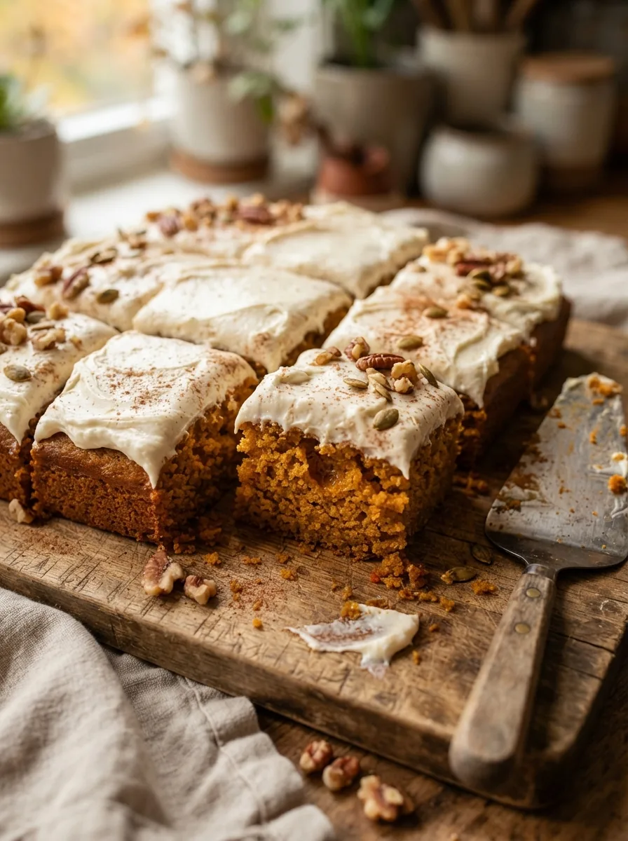 Illustrativer Kürbiskuchen vom Blech mit Frischkäse-Topping
