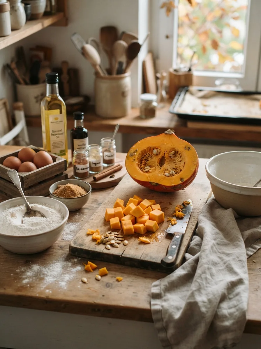 Illustrative Zutaten für Kürbiskuchen vom Blech