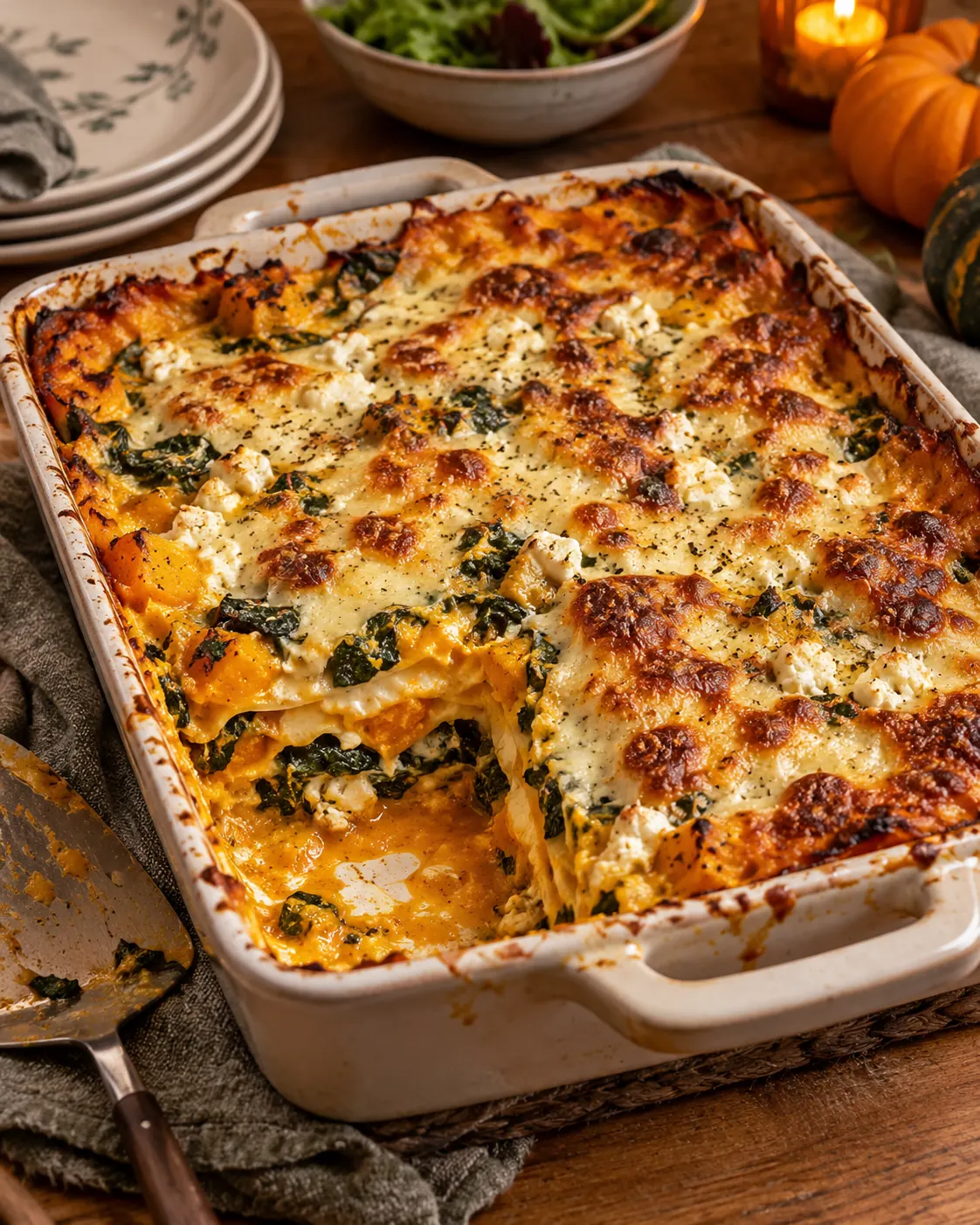 Illustratives, KI-generiertes Bild einer goldbraun gebackenen Kürbislasagne mit Spinat und Feta