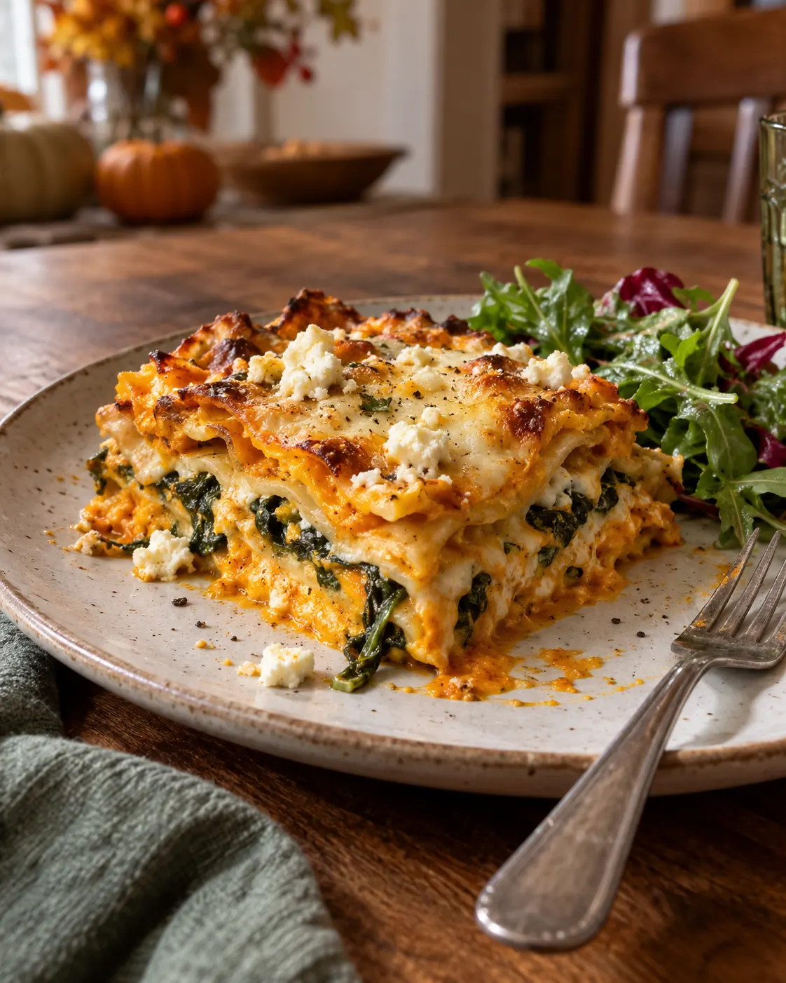 Illustratives Bild eines Stücks Kürbislasagne mit Hokkaido, Spinat und Feta