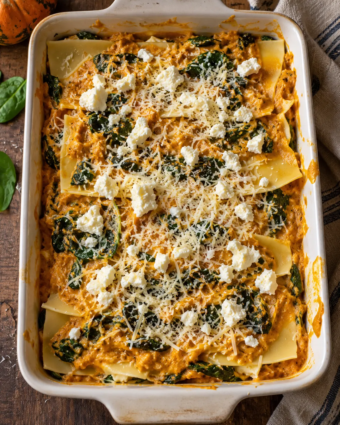 Illustratives Bild einer geschichteten Kürbislasagne vor dem Backen