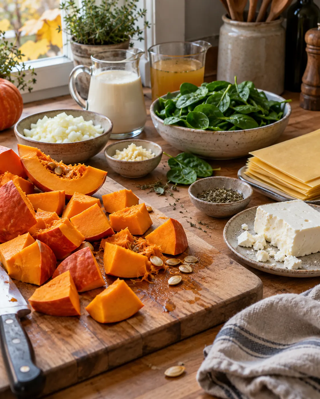 Illustratives Bild von Hokkaido-Kürbis, Spinat, Feta und Lasagneplatten