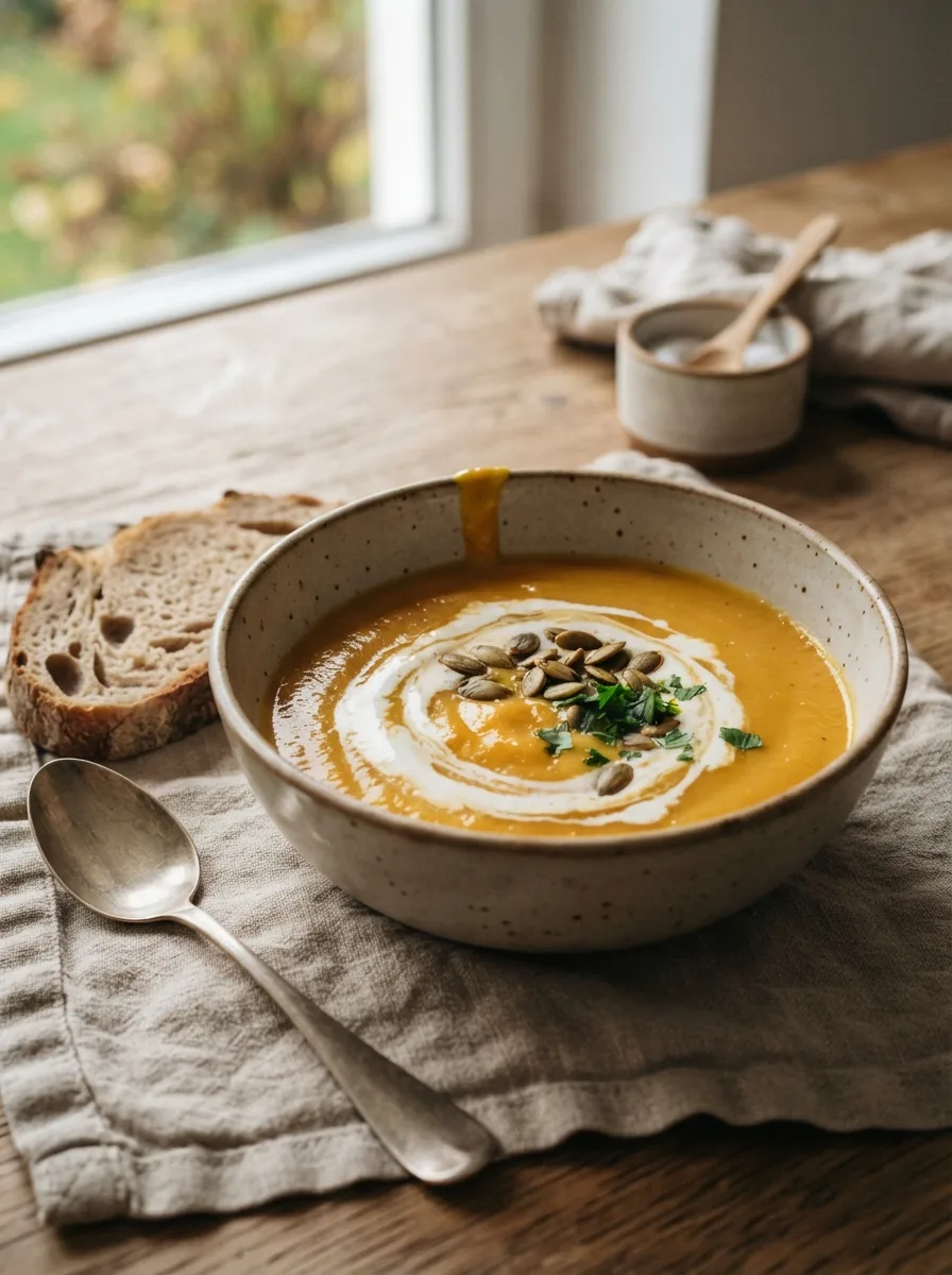 Illustrative cremige Hokkaido-Kürbissuppe mit Kürbiskernen