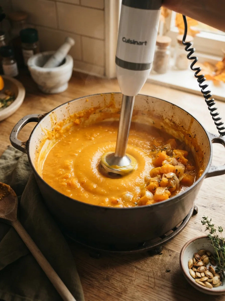 Illustrative Hokkaido-Suppe beim Pürieren