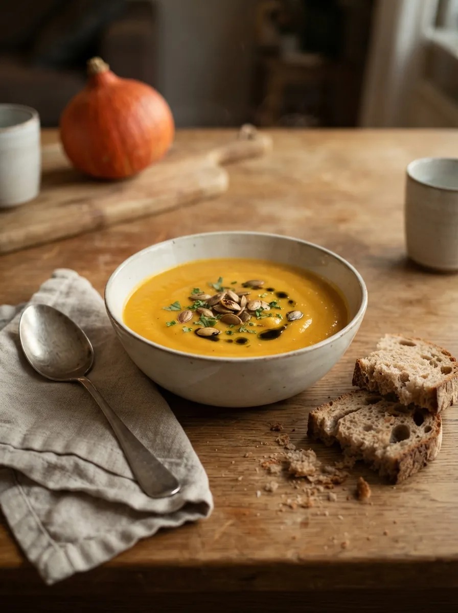 Illustrative Portion Hokkaido-Kürbissuppe mit Brot