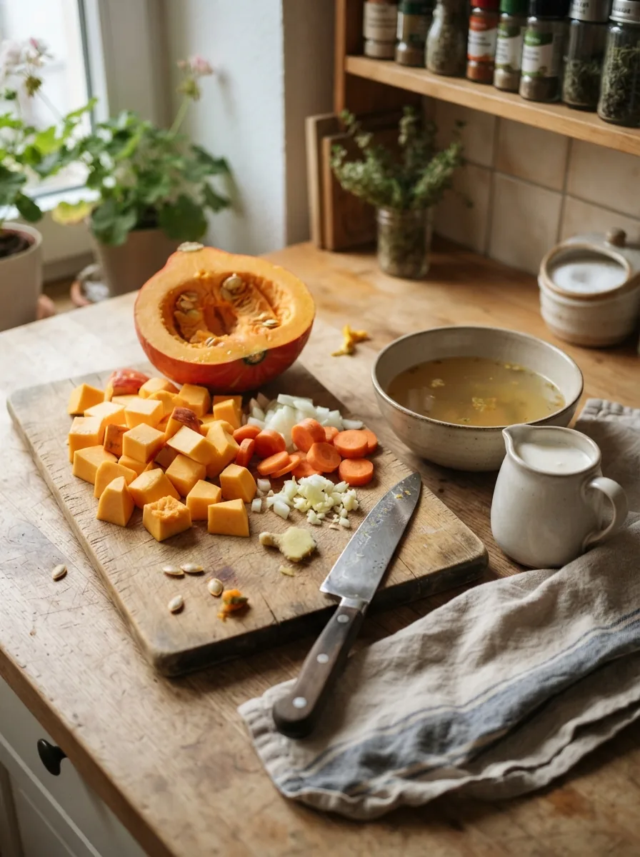 Illustrative Zutaten für Hokkaido-Kürbissuppe mit Möhren und Ingwer