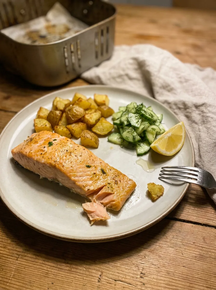 Illustratives Abendessen mit Airfryer-Lachs, Kartoffeln und Salat