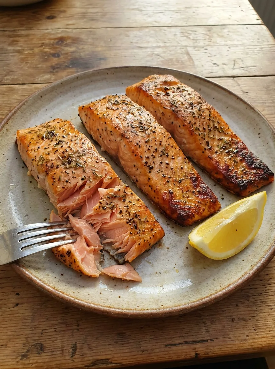 Illustrativer goldbrauner Lachs aus dem Airfryer mit Zitrone und Kräutern