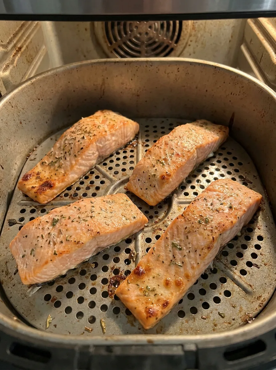 Illustrative Lachsfilets mit Abstand im Airfryer-Korb