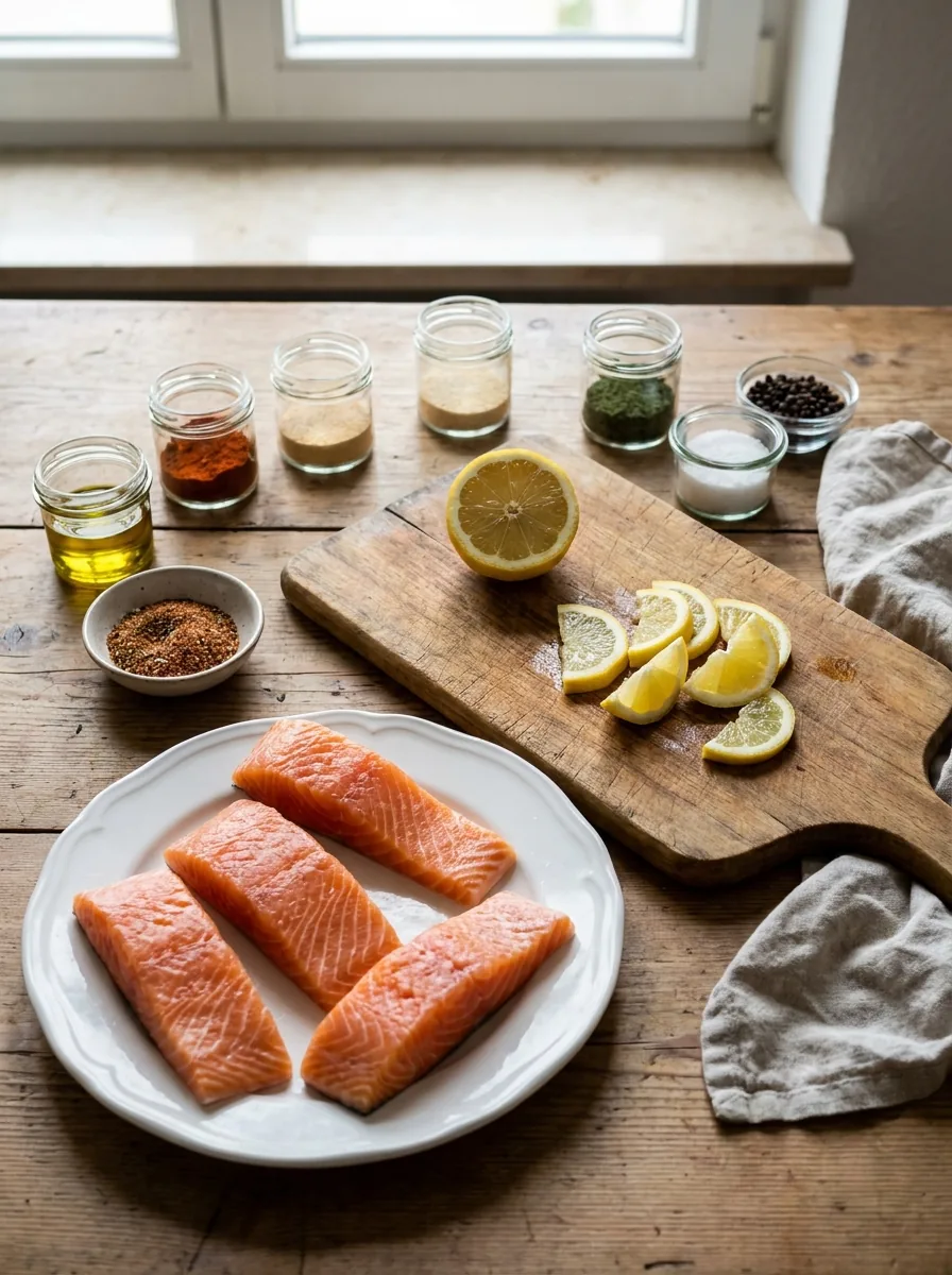 Illustrative Zutaten für Airfryer-Lachs mit Zitrone und Gewürzen