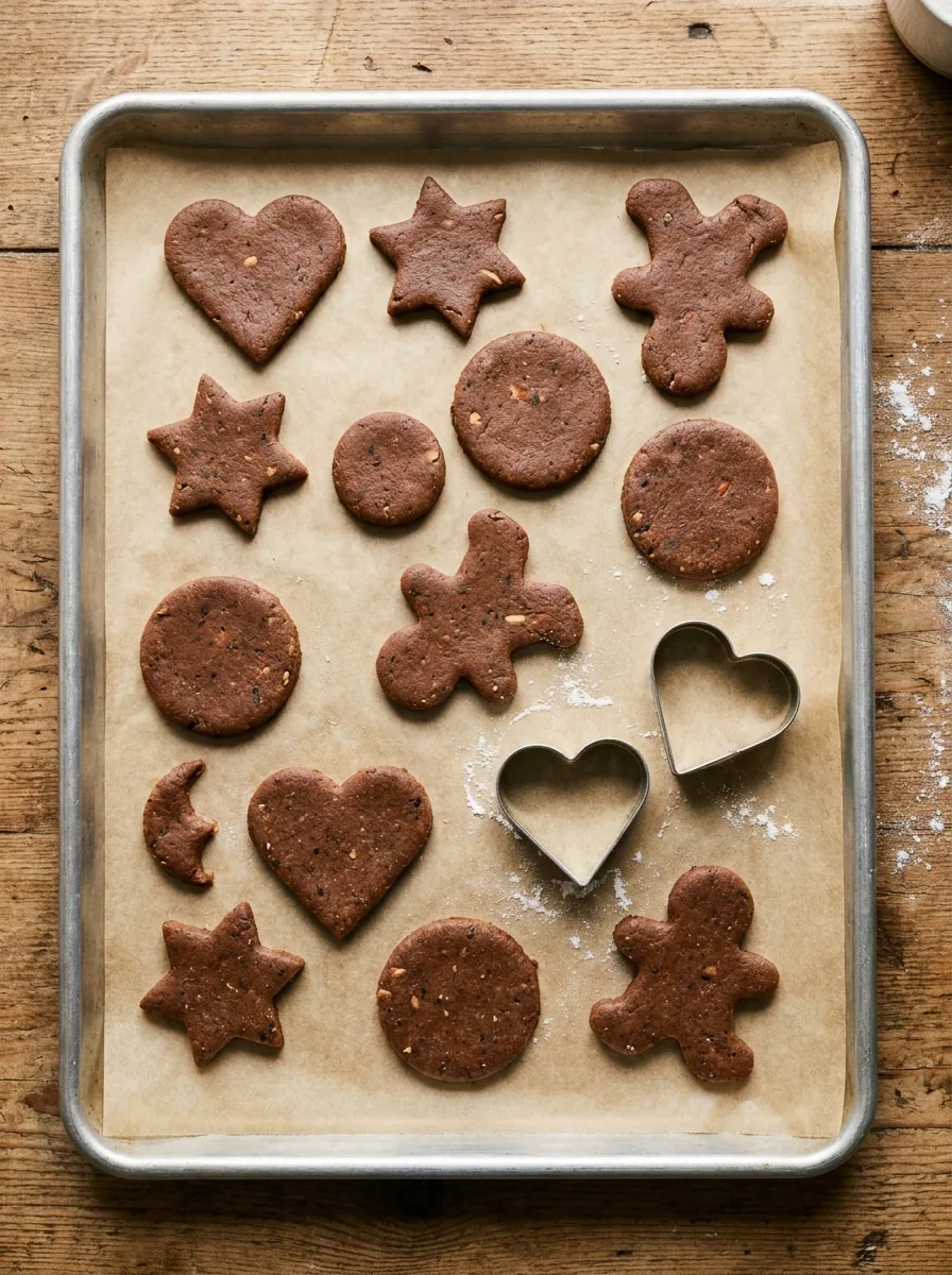Illustrativ ausgestochene Lebkuchen vor dem Backen