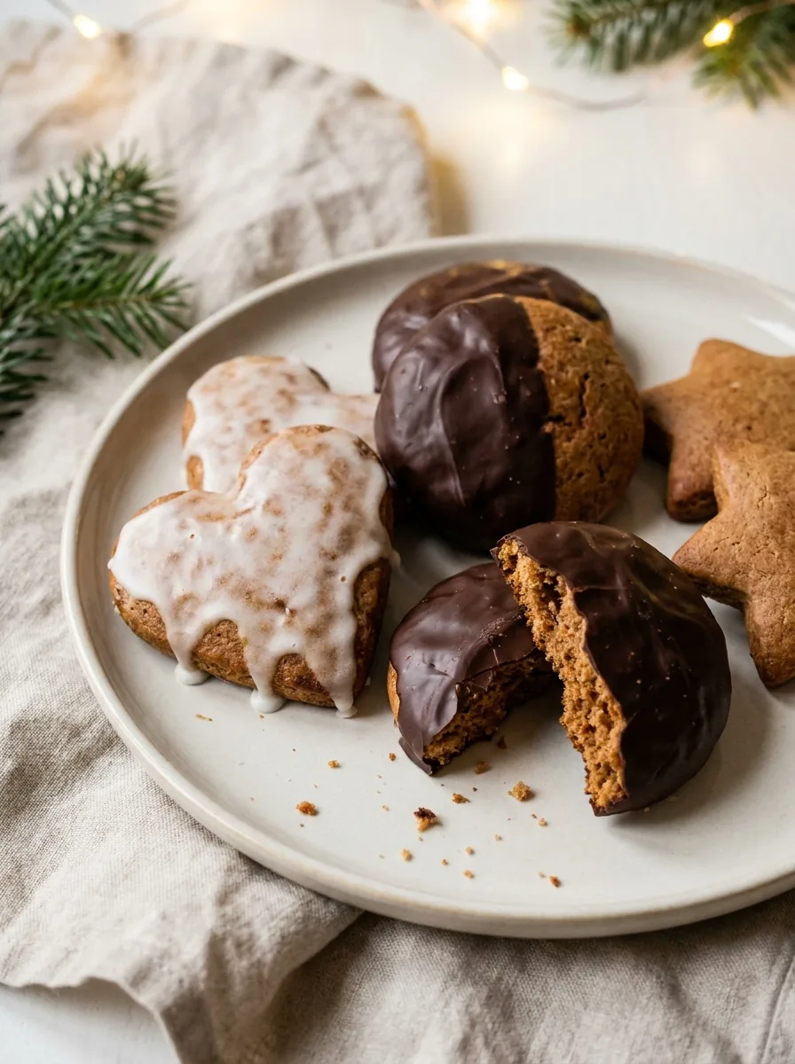 Illustrative weiche Lebkuchen mit Zuckerguss und dunkler Schokolade