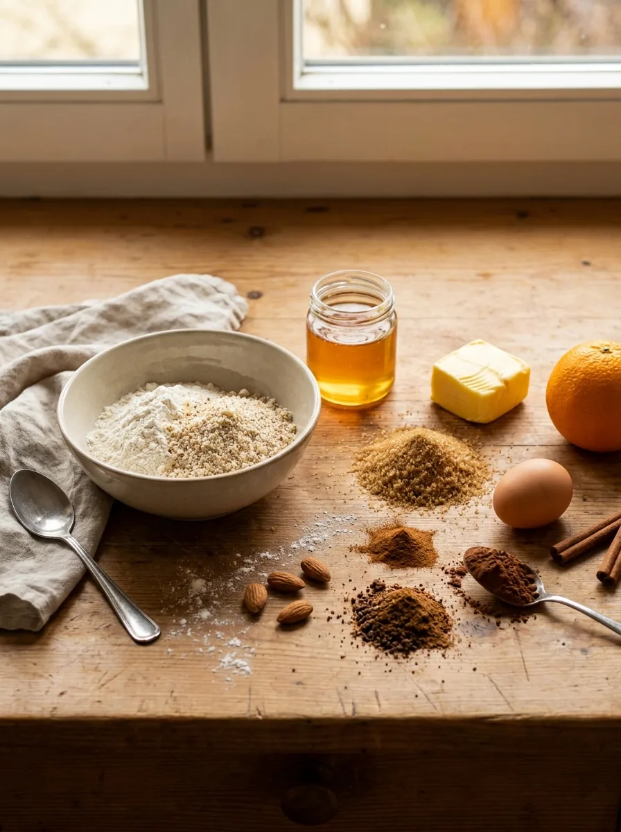 Illustrative Zutaten für Lebkuchen mit Mehl, Mandeln, Honig und Gewürzen
