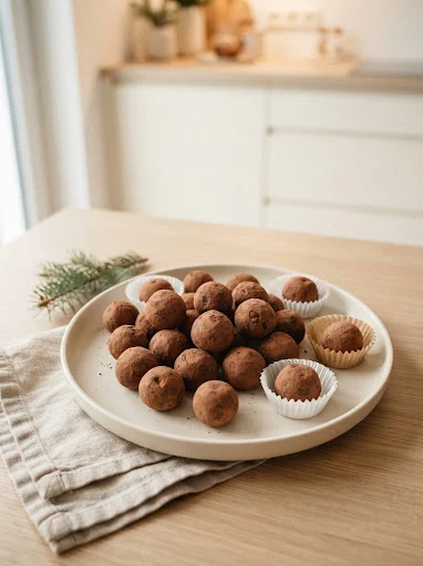 Selbstgemachte Marzipankartoffeln als Weihnachtskonfekt auf einem modernen Teller