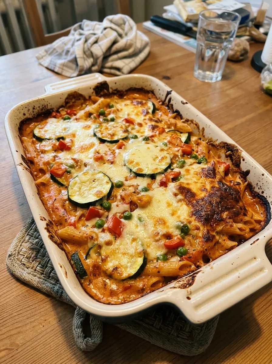 Illustrativer vegetarischer Nudelauflauf mit Gemüse und goldbraunem Käse