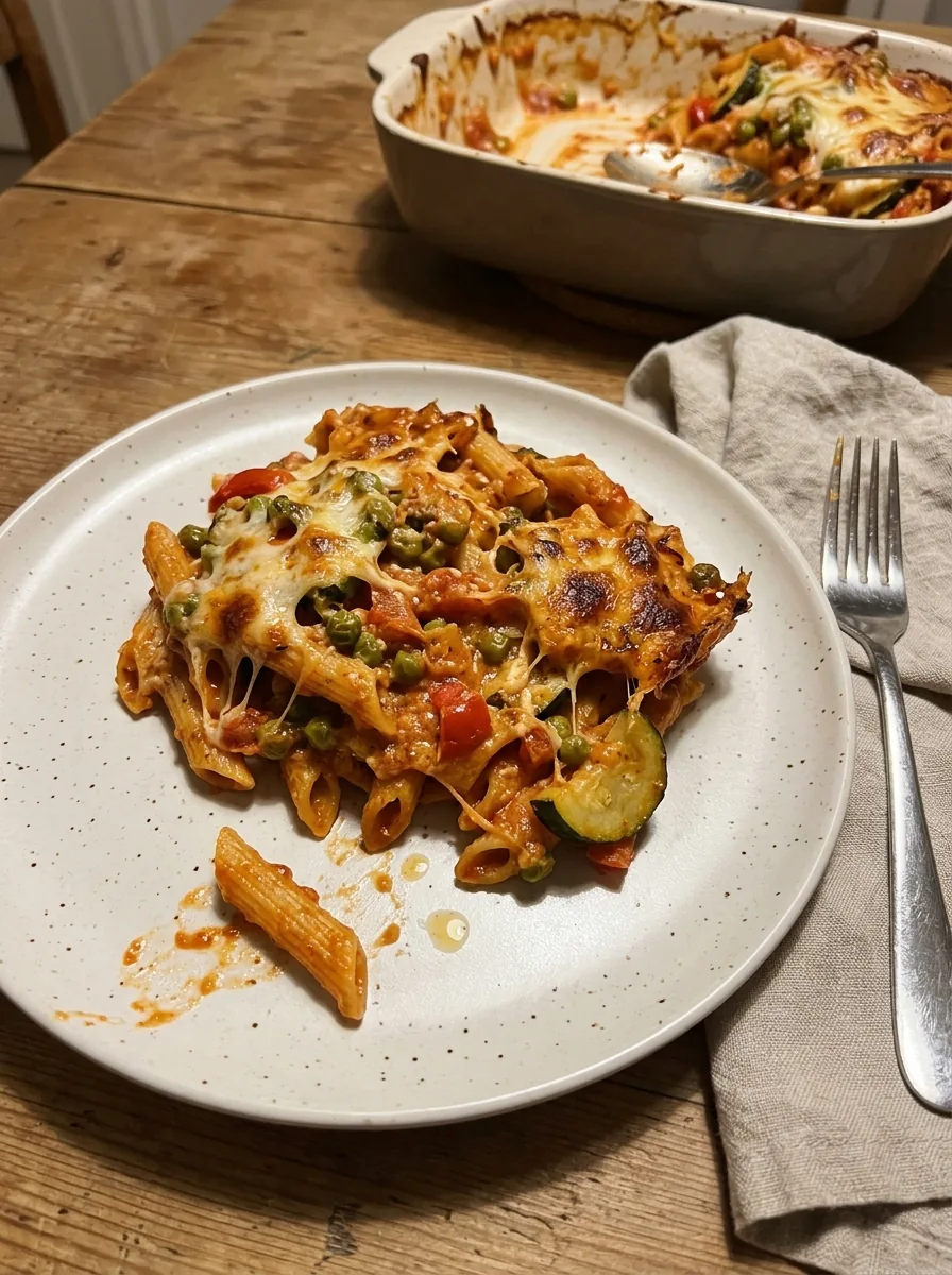 Illustrative Portion vegetarischer Nudelauflauf mit Gemüse