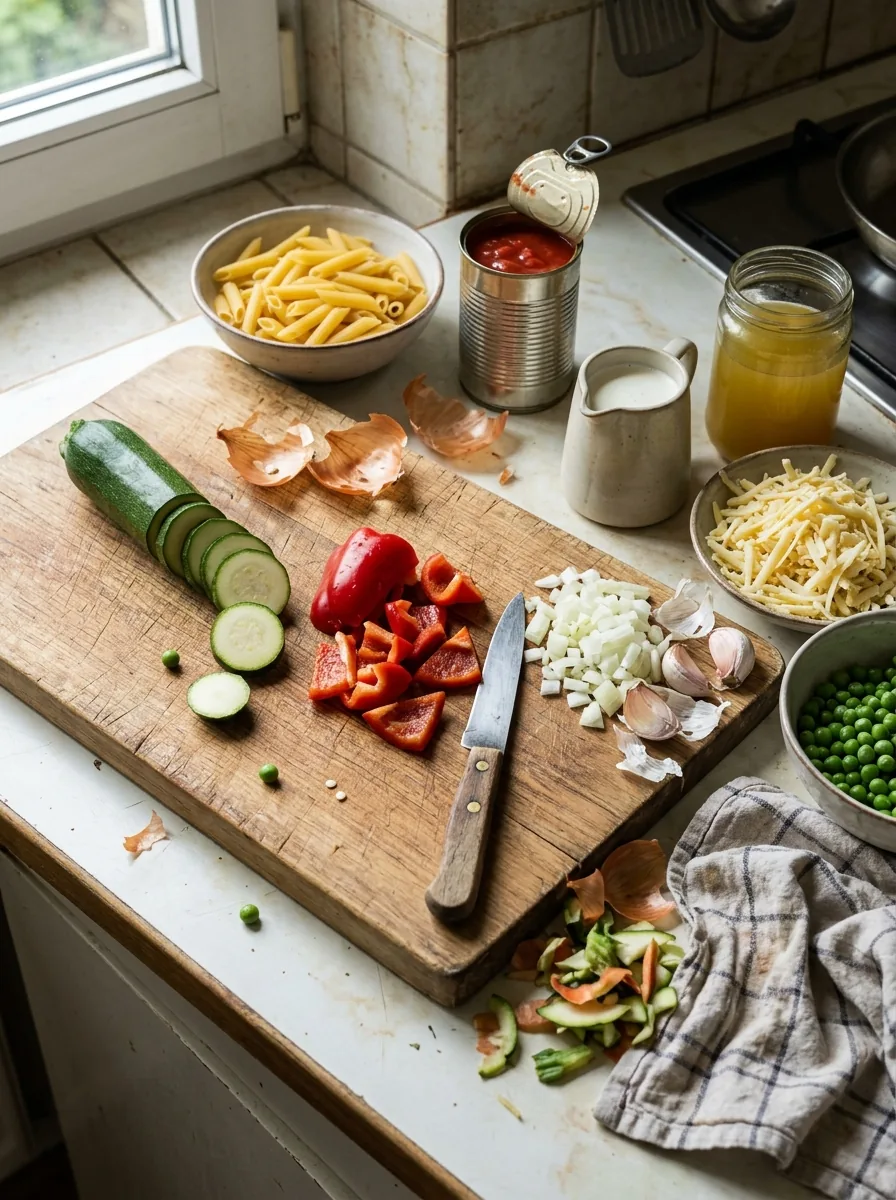 Illustrative Zutaten für einen vegetarischen Nudelauflauf
