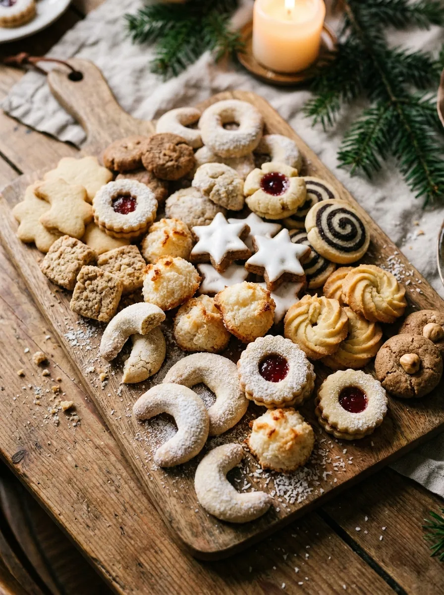 Illustrativer Teller mit verschiedenen klassischen Weihnachtsplätzchen