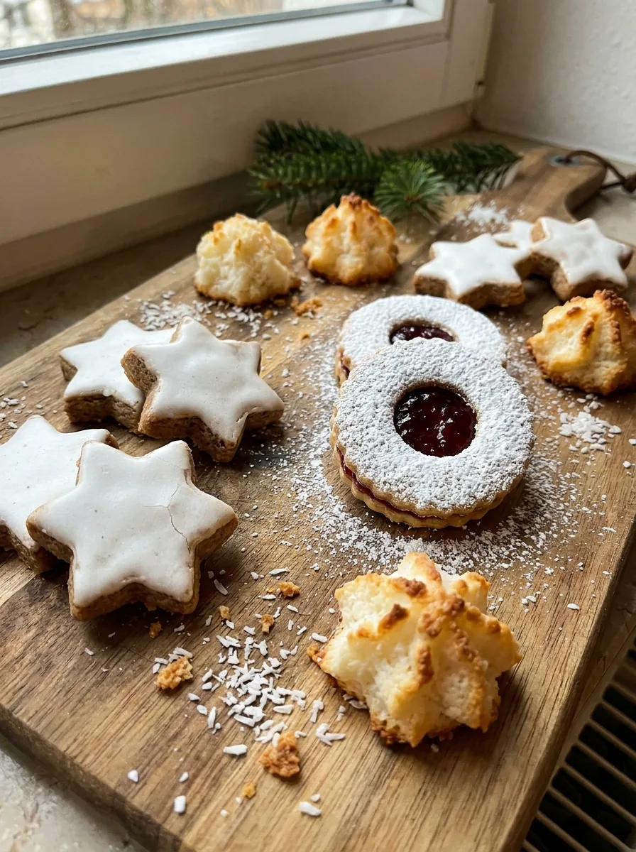Illustrative Zimtsterne, Spitzbuben und Kokosmakronen