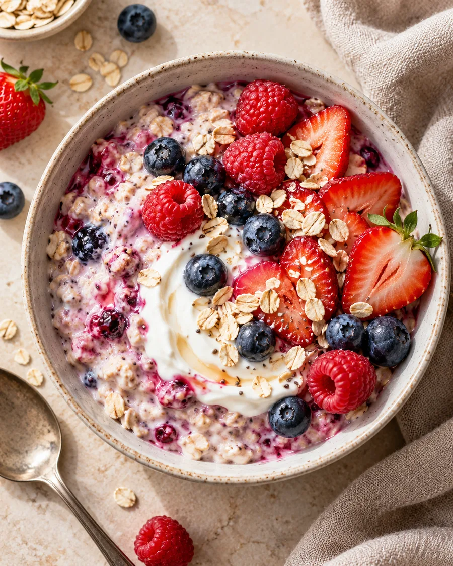 Illustration cremiger Overnight Oats mit Himbeeren, Erdbeeren und Blaubeeren in einer Schale