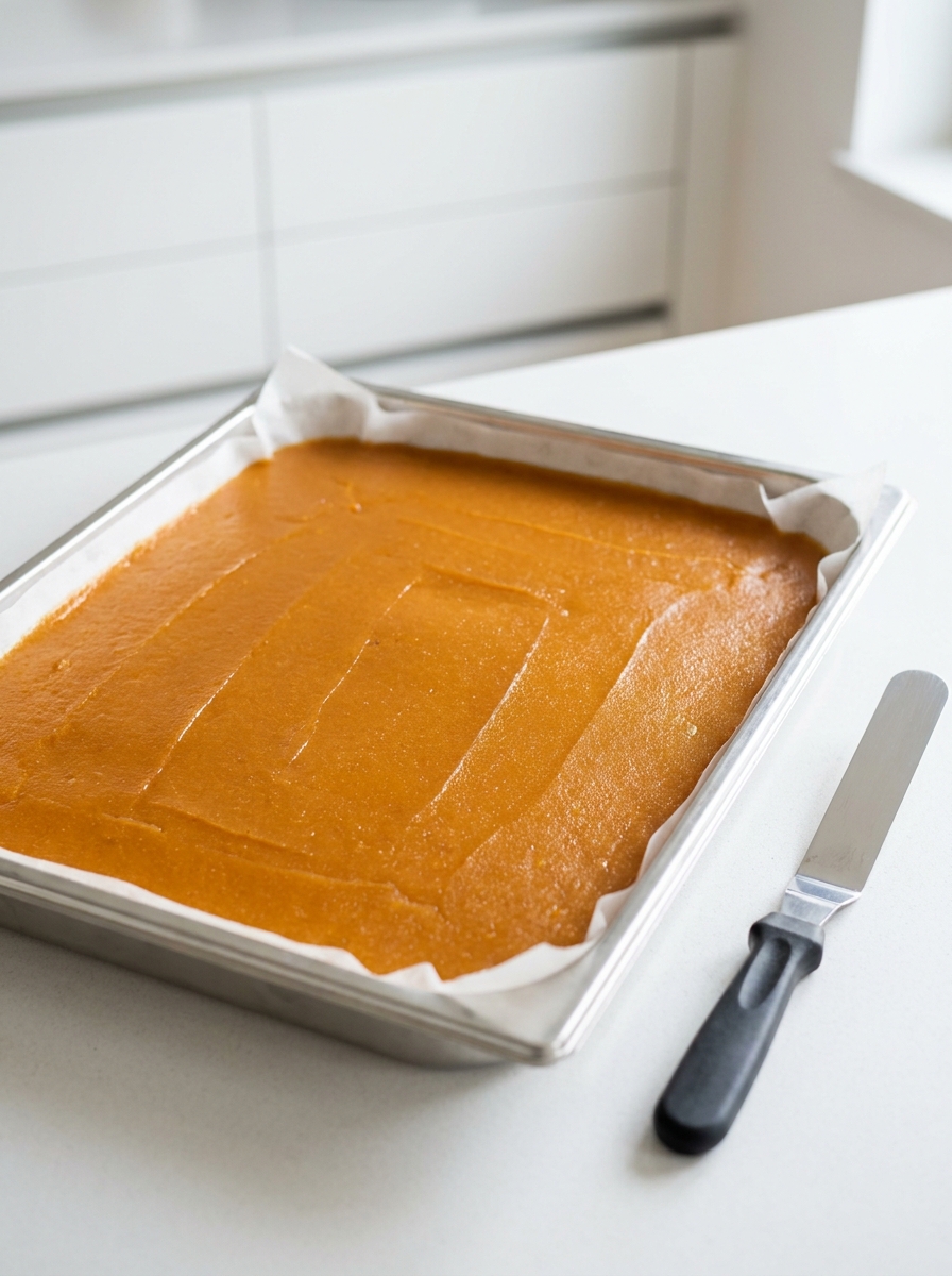 Quittenbrot beim Trocknen auf einem modernen Backblech