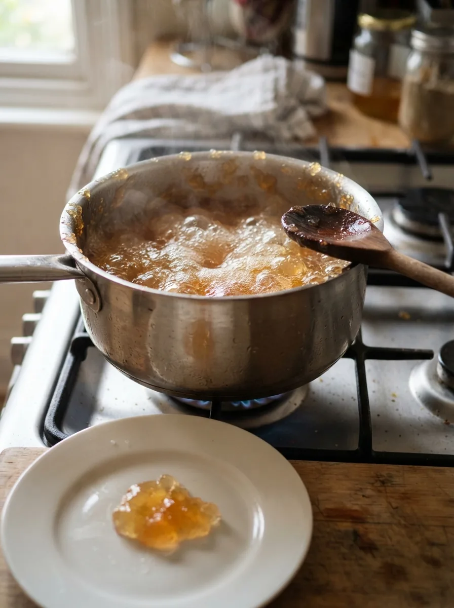 Illustratives bernsteinfarbenes Quittengelee beim sprudelnden Kochen