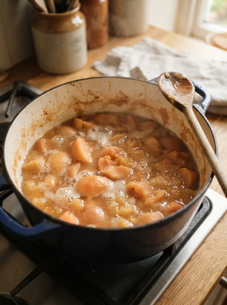 Illustrative Quittenstücke beim sanften Kochen im Topf
