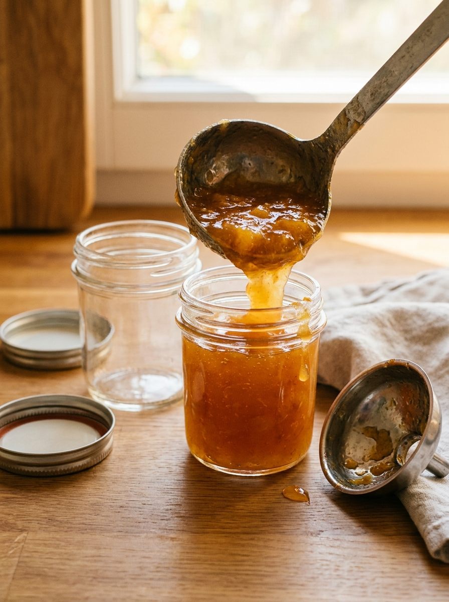 Heiße Quittenmarmelade beim Abfüllen in saubere Gläser