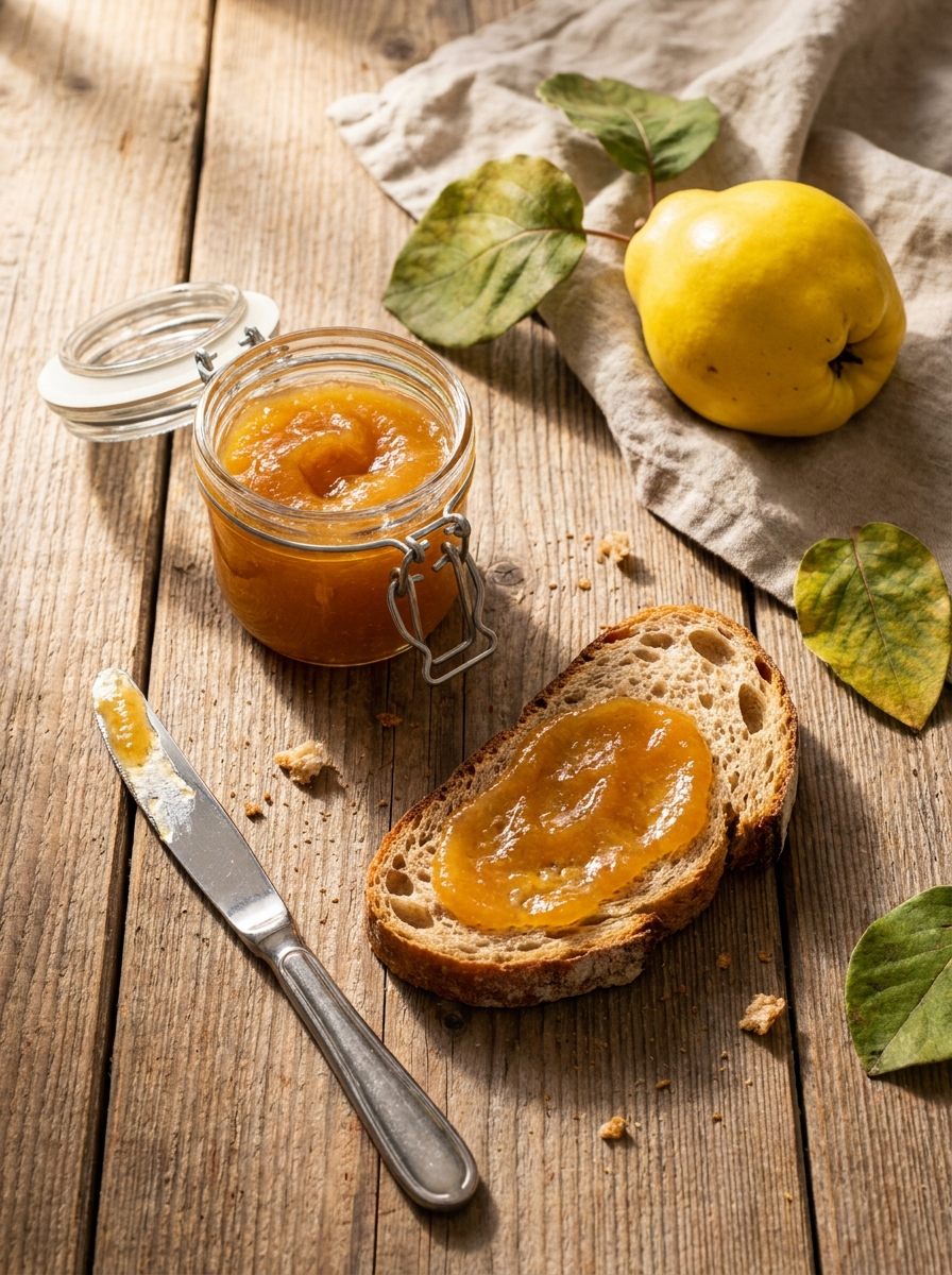 Hausgemachte Quittenmarmelade im Glas mit Brot und einer reifen Quitte