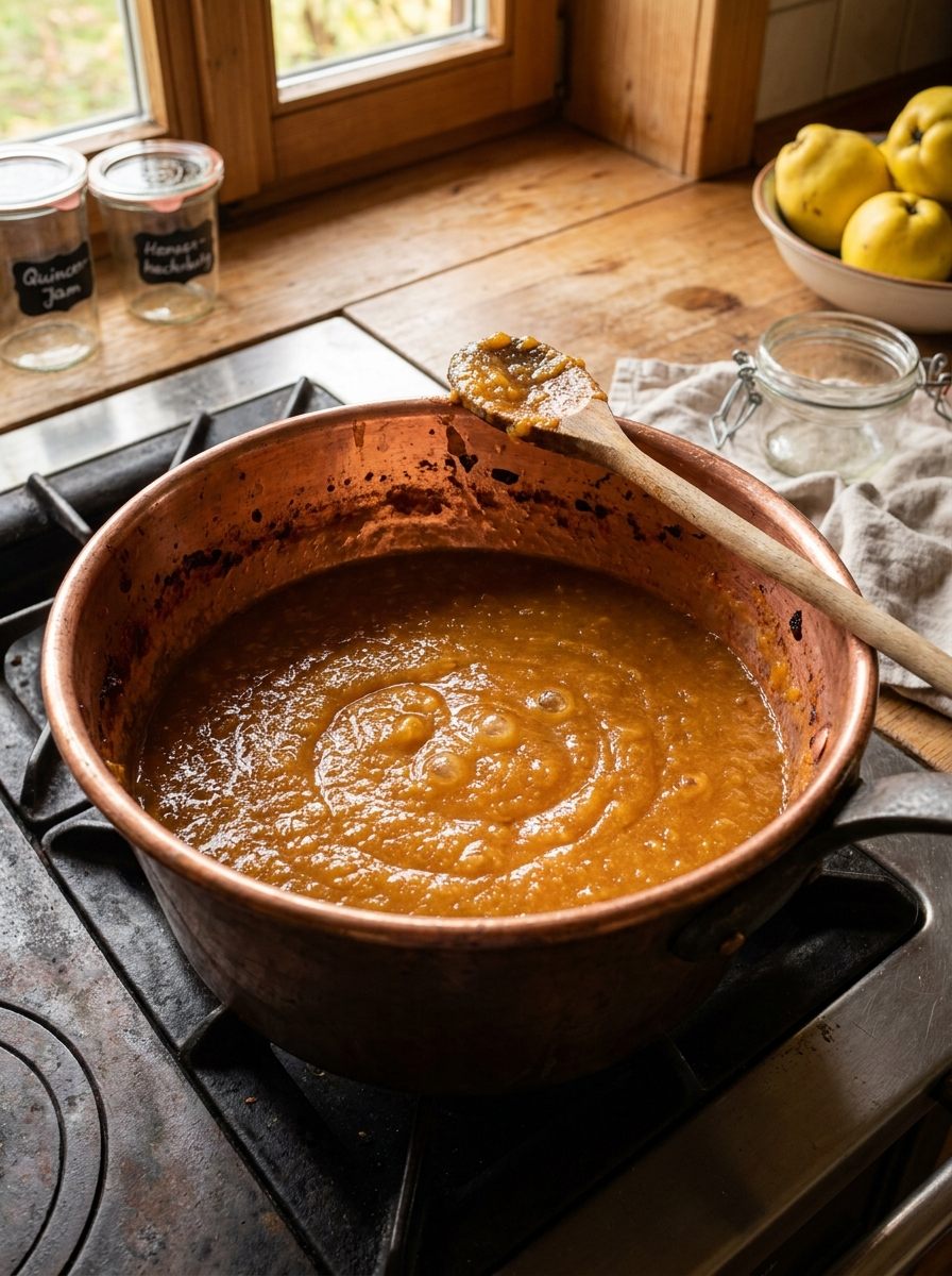 Goldorange Quittenmarmelade beim Kochen im Topf