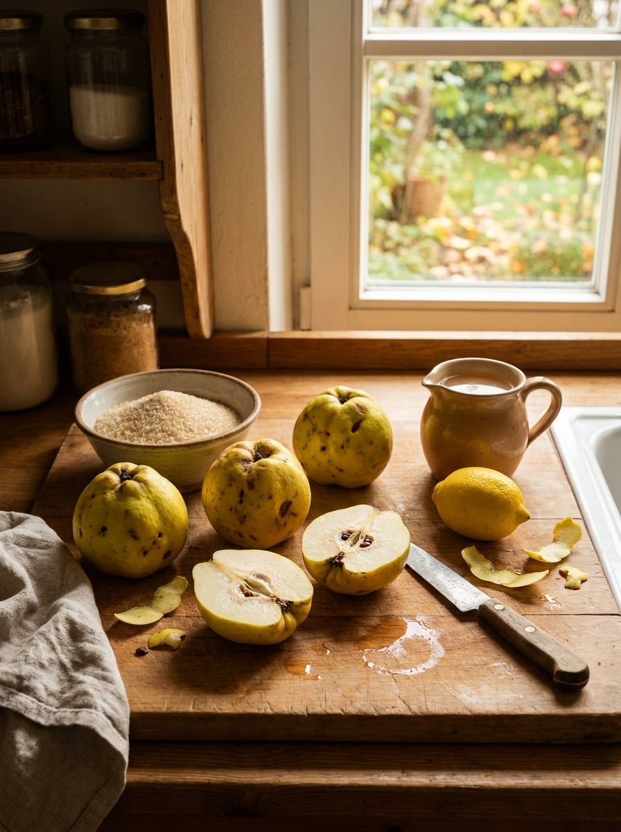 Gelbe Quitten, Gelierzucker und Zitrone für Quittenmarmelade